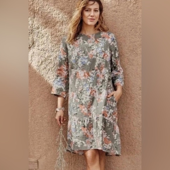 FINAL PRICE J. Jill Medium Love Linen Lagenlook Floral Caraway Ruffle Hem Dress - Picture 1 of 8